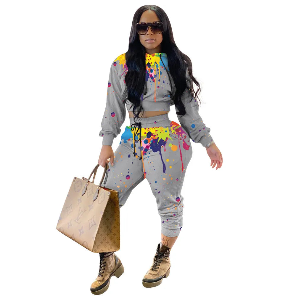 Splash-ink Print Sweat Suits Women Set Hoodies Sweatshirt and Sweatpants Set Two Piece Set Tracksuit Female Matching Set Outfits