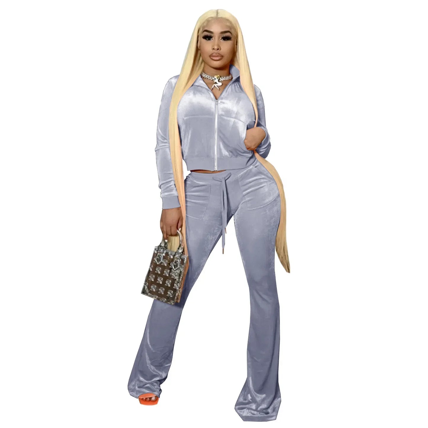 GIOIO  Velvet Tracksuit Women Two Piece Set  Zipper Crop Jacket Flared Pants Matching Streetwear Casual2 Piece Sets Women Outfit