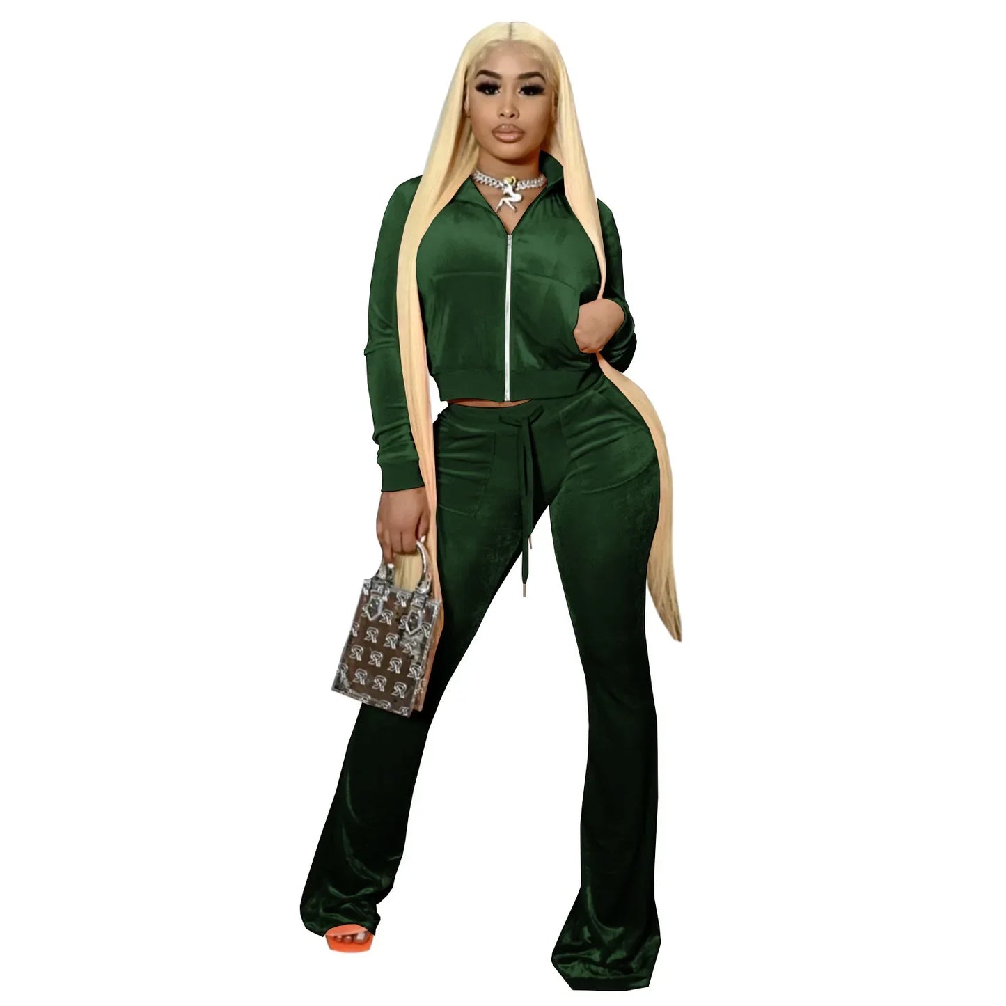 GIOIO  Velvet Tracksuit Women Two Piece Set  Zipper Crop Jacket Flared Pants Matching Streetwear Casual2 Piece Sets Women Outfit