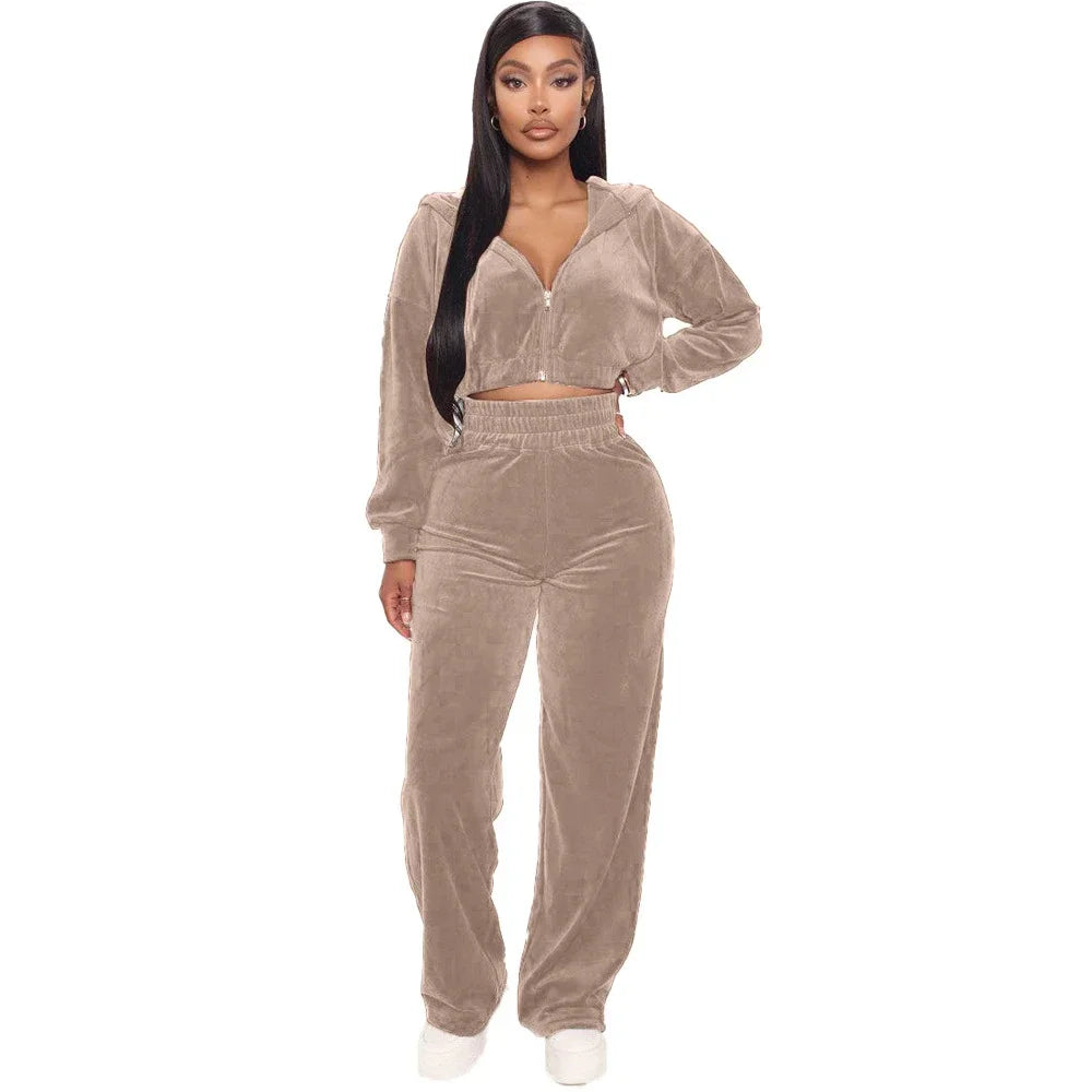 2023 Women's Spring/Fall Tracksuit Velour Suit Hoodies Velvet Zipper Sweatshirt And Pants Set Sportswear Crop Top Matching Suits