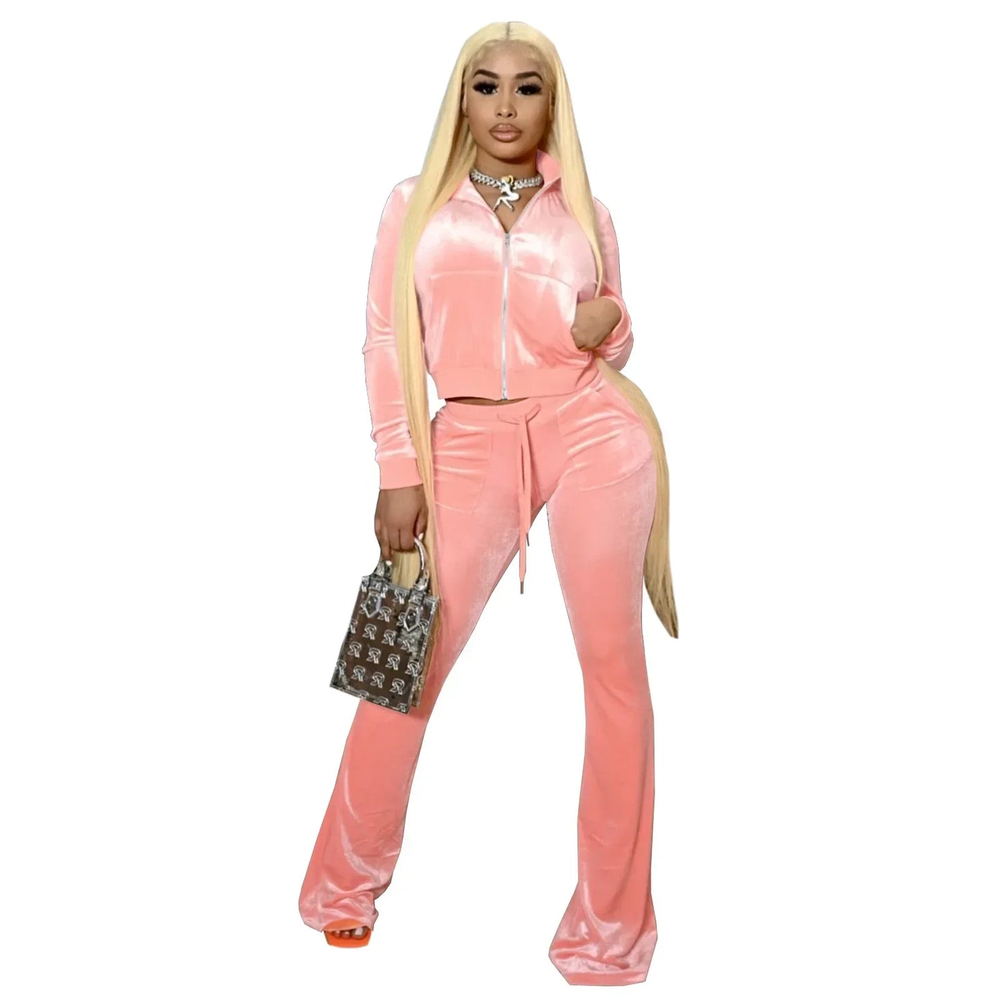 GIOIO  Velvet Tracksuit Women Two Piece Set  Zipper Crop Jacket Flared Pants Matching Streetwear Casual2 Piece Sets Women Outfit