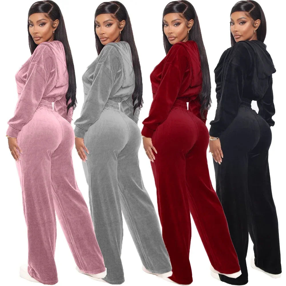 2023 Women's Spring/Fall Tracksuit Velour Suit Hoodies Velvet Zipper Sweatshirt And Pants Set Sportswear Crop Top Matching Suits