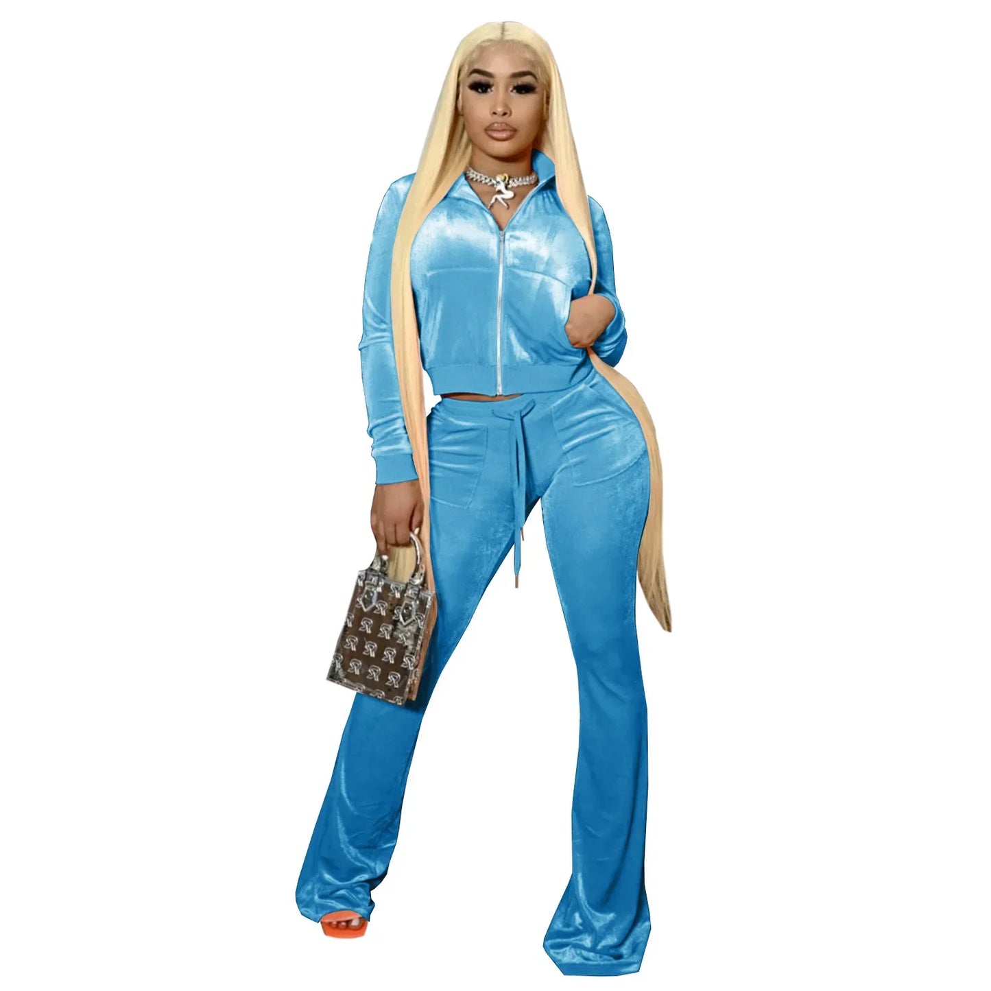 GIOIO  Velvet Tracksuit Women Two Piece Set  Zipper Crop Jacket Flared Pants Matching Streetwear Casual2 Piece Sets Women Outfit