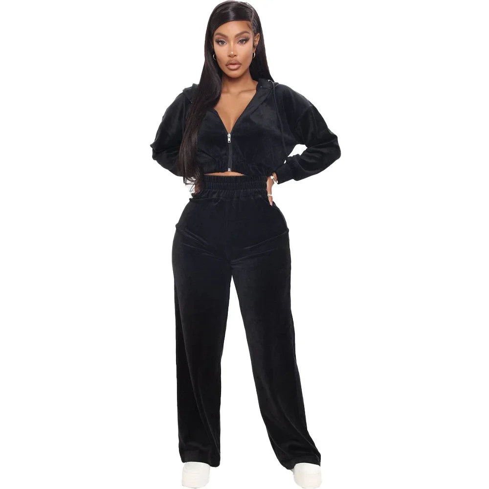 2023 Women's Spring/Fall Tracksuit Velour Suit Hoodies Velvet Zipper Sweatshirt And Pants Set Sportswear Crop Top Matching Suits