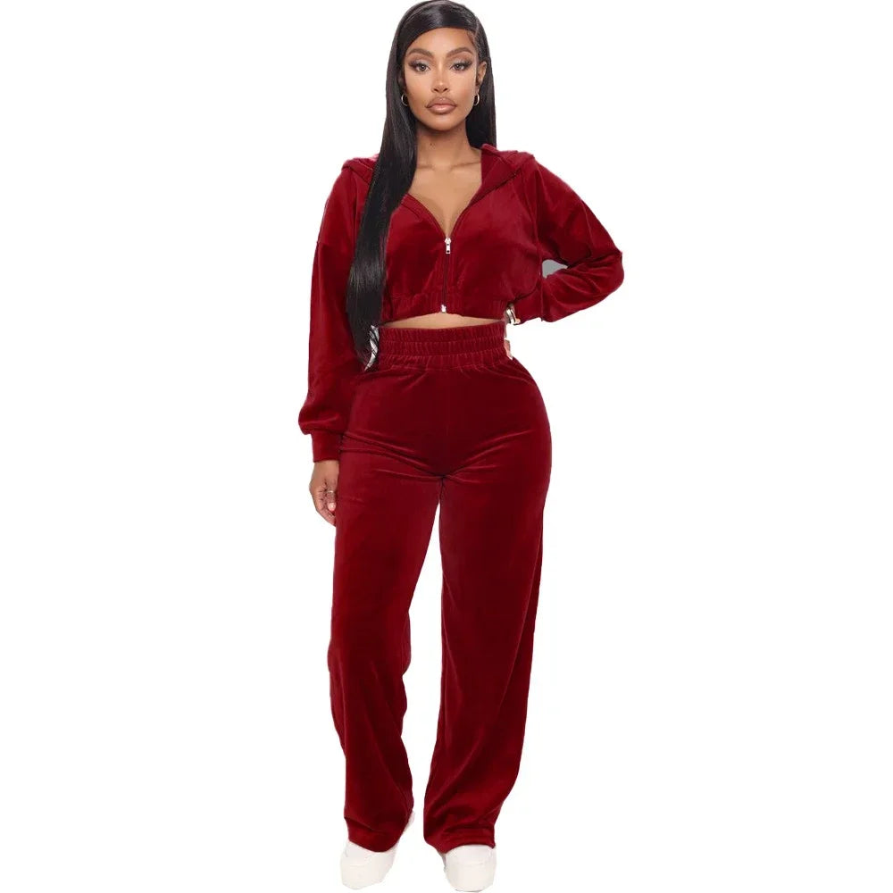 2023 Women's Spring/Fall Tracksuit Velour Suit Hoodies Velvet Zipper Sweatshirt And Pants Set Sportswear Crop Top Matching Suits