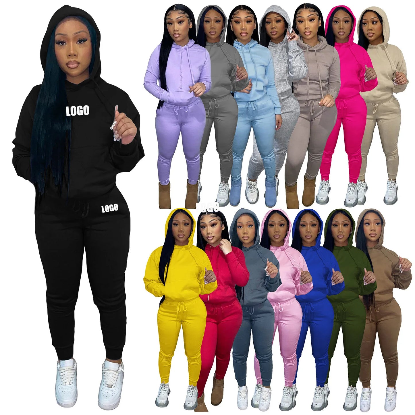 Winter Clothes Custom Rhinestone Plain Thick Fleece Hoodie Jogging Suit Women Solid Fashionable Hooded Tracksuit Sweatsuit Women