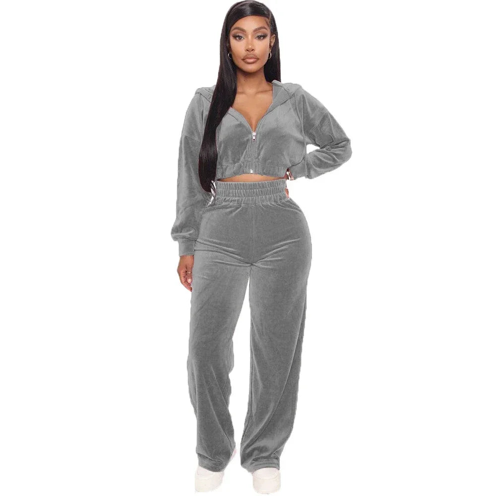 2023 Women's Spring/Fall Tracksuit Velour Suit Hoodies Velvet Zipper Sweatshirt And Pants Set Sportswear Crop Top Matching Suits