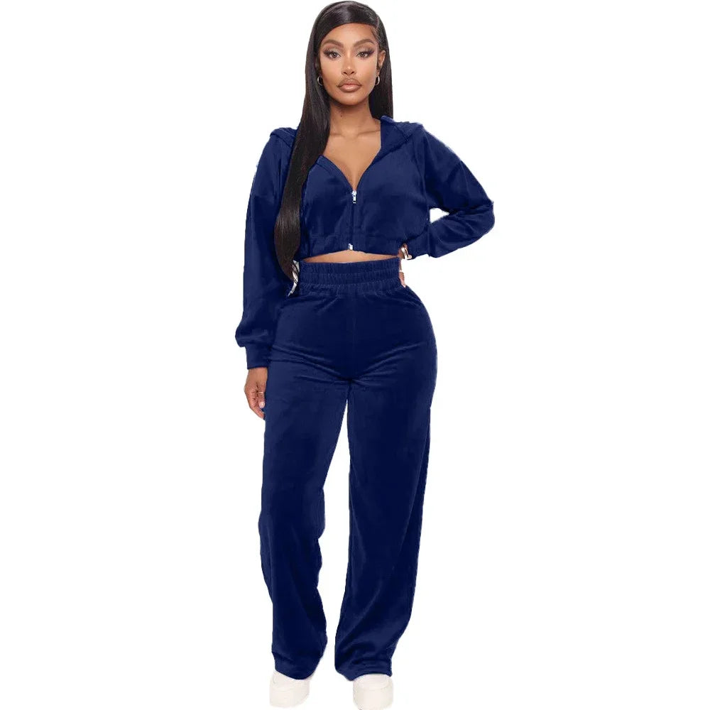 2023 Women's Spring/Fall Tracksuit Velour Suit Hoodies Velvet Zipper Sweatshirt And Pants Set Sportswear Crop Top Matching Suits