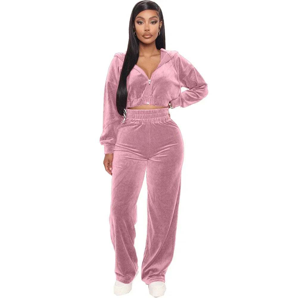 2023 Women's Spring/Fall Tracksuit Velour Suit Hoodies Velvet Zipper Sweatshirt And Pants Set Sportswear Crop Top Matching Suits