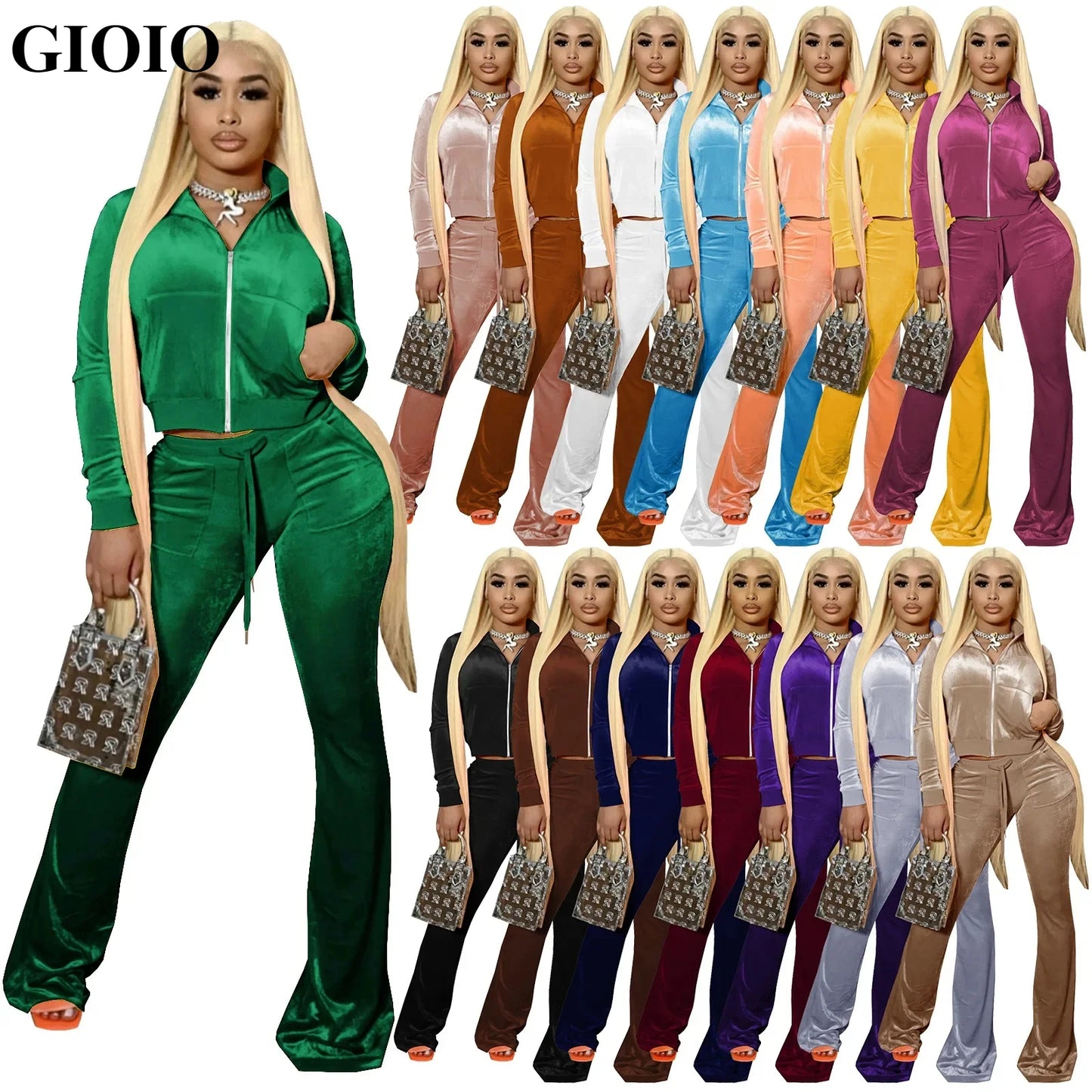 GIOIO  Velvet Tracksuit Women Two Piece Set  Zipper Crop Jacket Flared Pants Matching Streetwear Casual2 Piece Sets Women Outfit